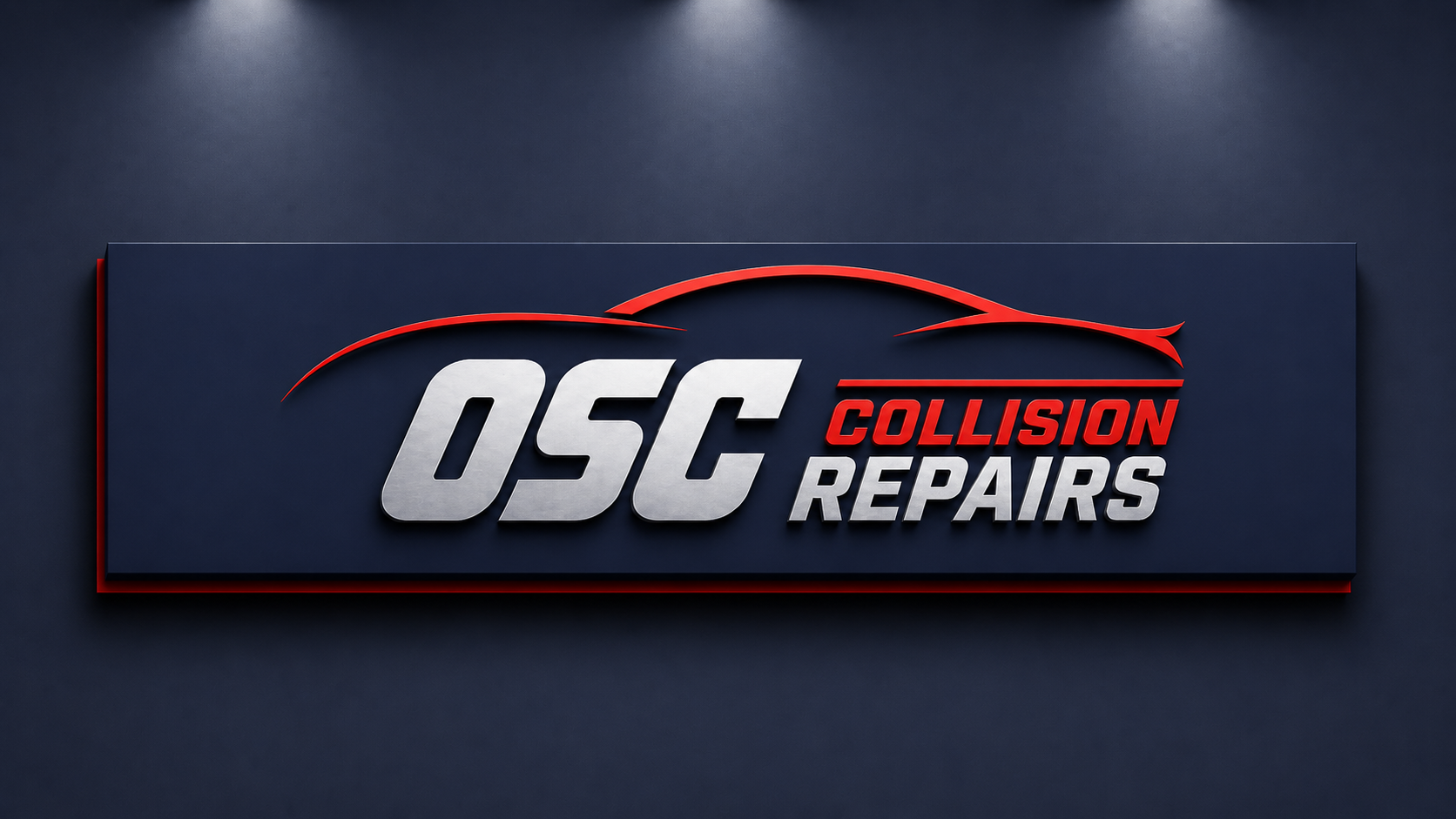 OSC Collision Repairs shop sign under spotlights